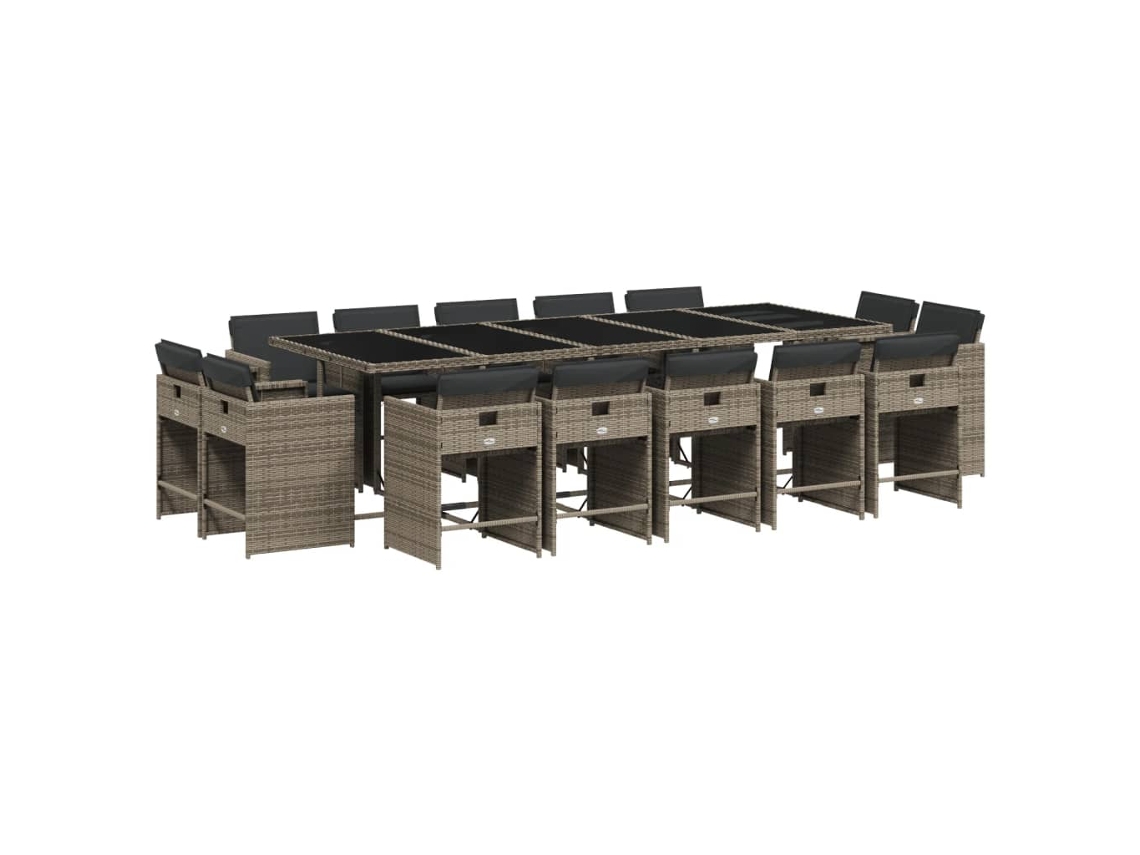 Juego de comedor de jardín de 15 piezas con cojines de mimbre, gris, EXCLUSIVO DE LA CASA (15 piezas)
