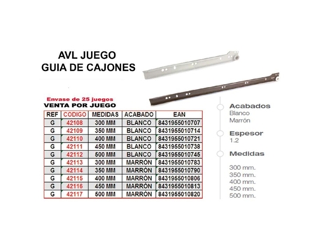 Avl guia cajones 400 mm blanca juego ref-g