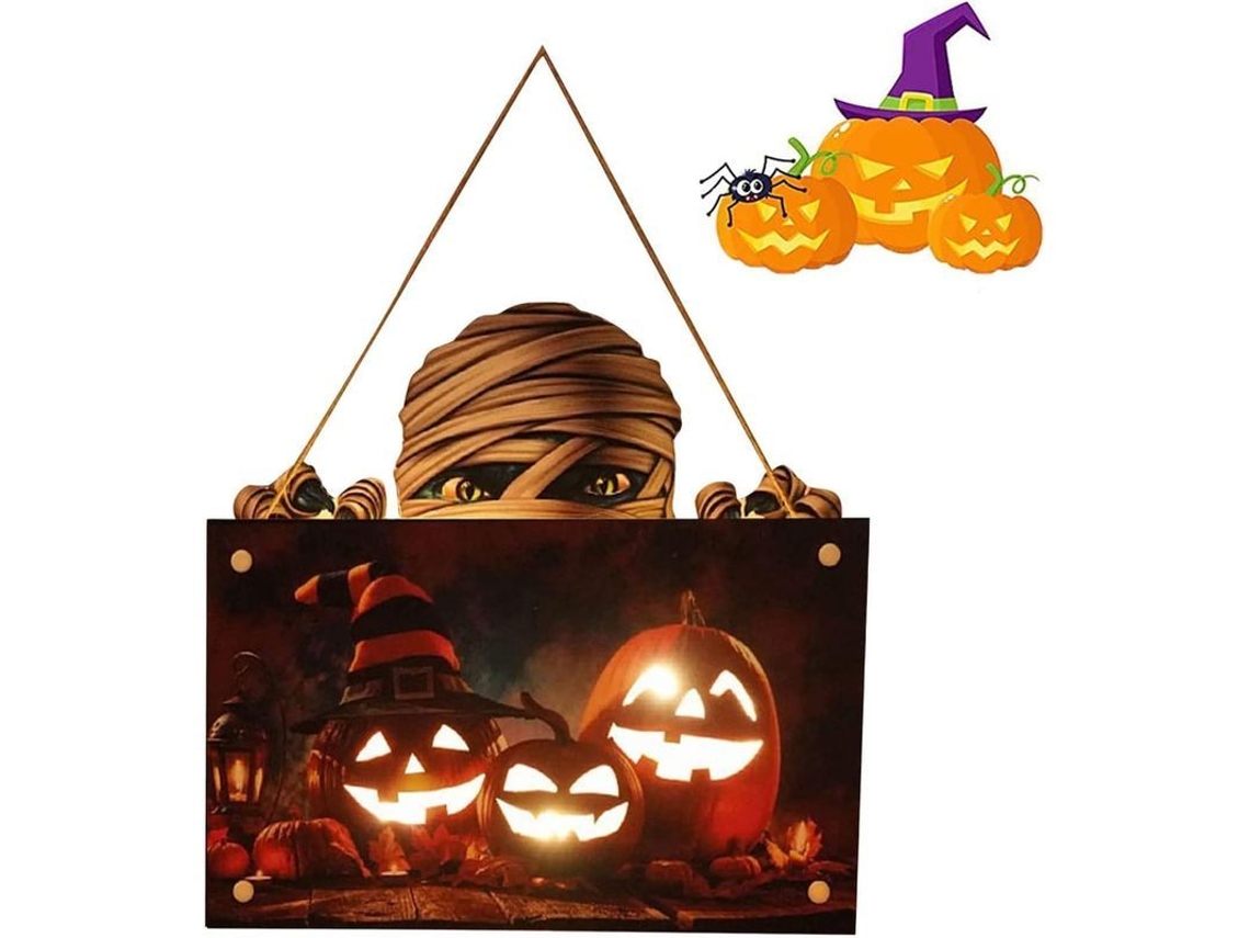 Letrero De Madera Para Puerta Con Luz Para Halloween, Colgante De Calavera Y Momia, Decoración Para El Hogar Y Casas Embrujadas.
