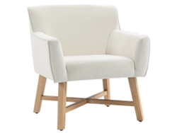 Sillón Tapizado En Terciopelo Con Brazos Acolchados Y Patas De Madera Cruzadas, Color Crema.