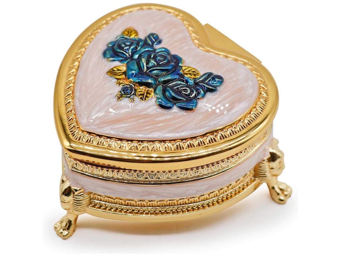 Caja De Joyería De Metal Vintage En Forma De Corazón Para Anillos Y Joyas Pequeñas, Dorado Y Azul