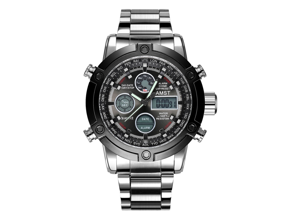 Reloj De Pulsera Analógico De Cuarzo Para Hombre Con Correa De Acero Inoxidable Y Funciones Led.