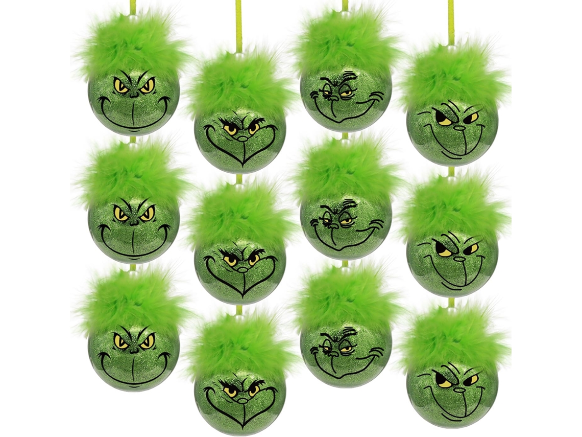 12 adornos navideños del Grinch – Decoraciones colgantes para el árbol en verde esponjoso