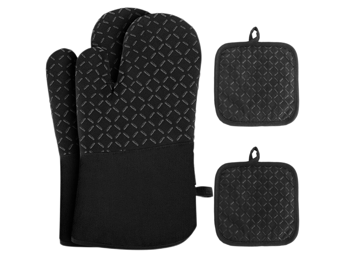 Kit 4 Peças: Luvas E Protetores Térmicos Até 500°c, Algodão Reciclado, Silicone Antiderrapante, Preto.