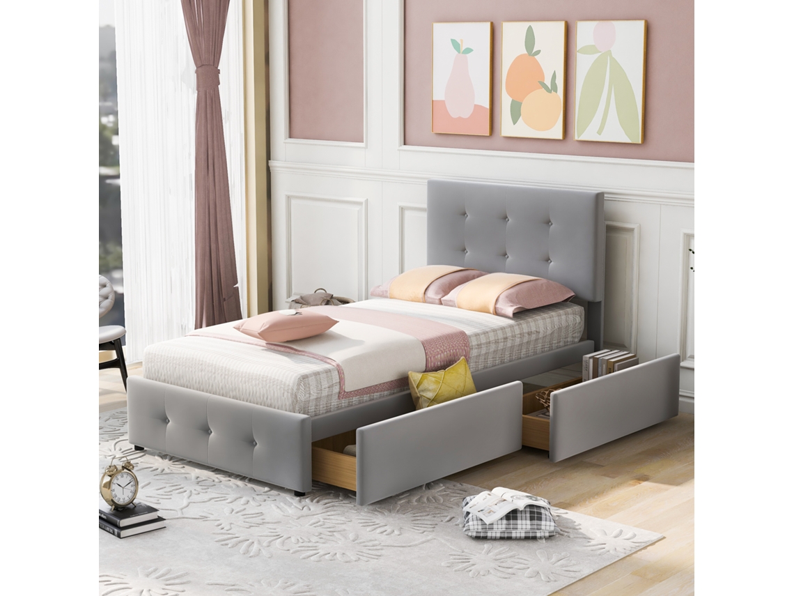 Cama Tapizada De 90x200 Cm, Terciopelo Gris, 2 Cajones Ajustables.