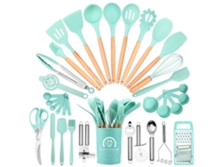 34 Piezas Utensilios de Cocina de Silicona Antiadherente con Soporte, Juego de Espátula con Soporte, Chrui (Verde Oscuro)