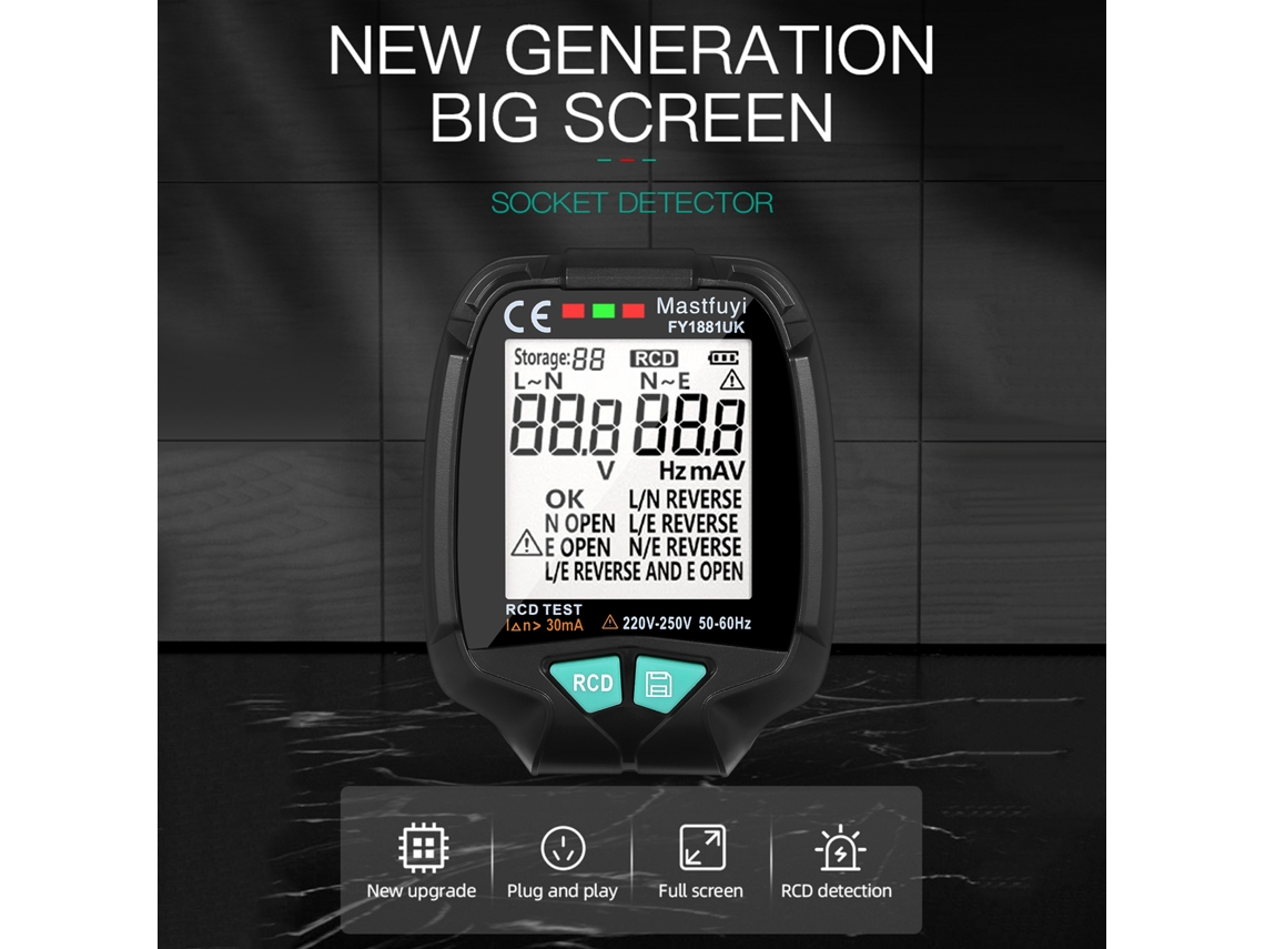 Comprobador De Enchufes Multifuncional Mastfuyi Con Pantalla Lcd Digital, Detector De Polaridad, Cableado Y Rcd, Enchufe Británico.