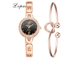 Conjunto De Reloj De Cuarzo Y Pulsera Para Mujer Con Diamantes De Imitación, Pulsera En Oro Rosa Y Negro P972