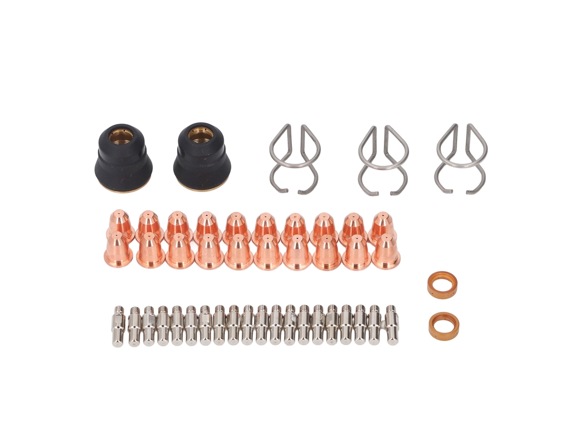 Kit de accesorios para antorcha de plasma de 47 piezas: electrodo Pr0010, boquilla protectora Pd0116-08 y anillo de vórtice.