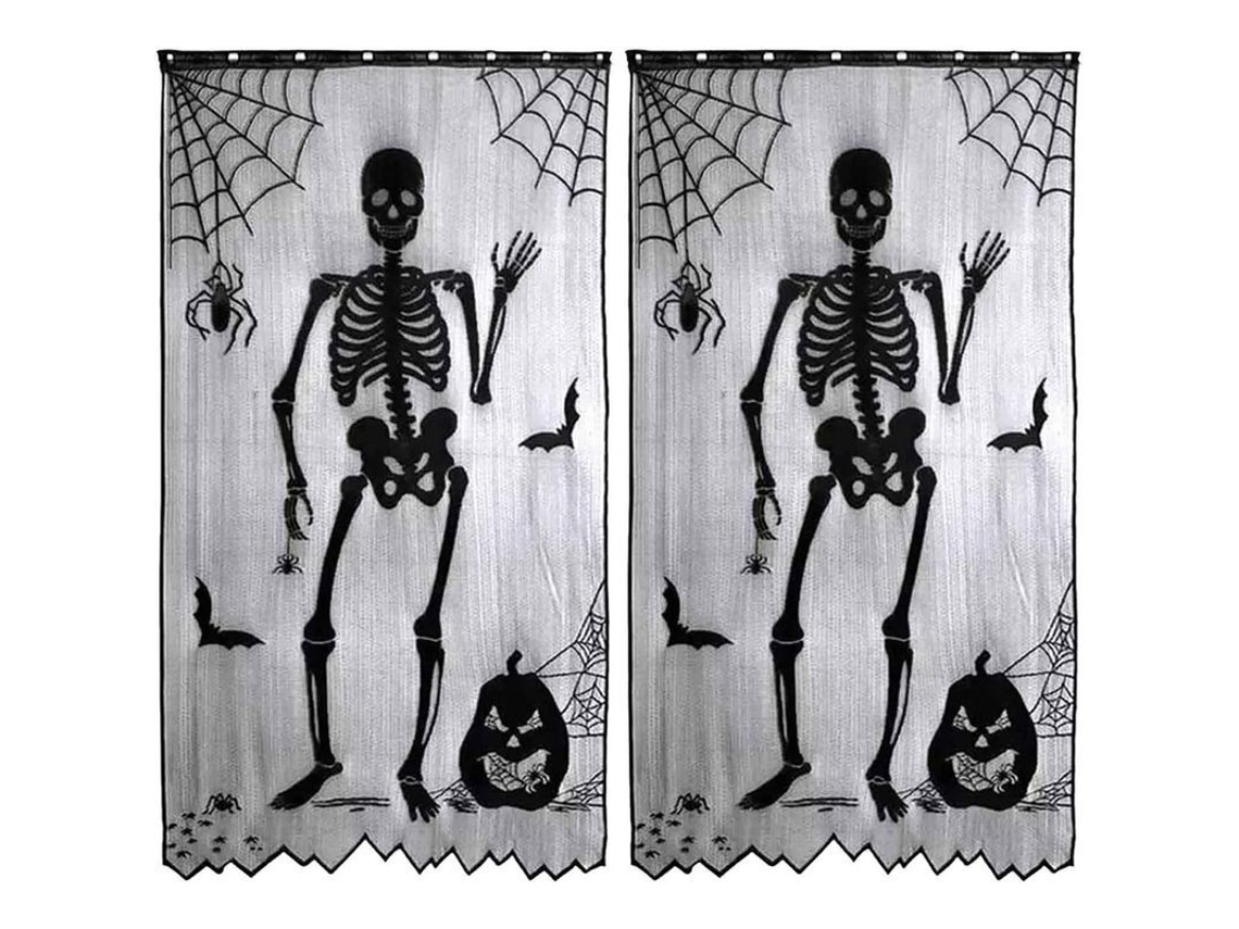 2026-cortina De Puerta Halloween Con Charm De Calavera Encaje Negro Malla 102x213cm Poliéster