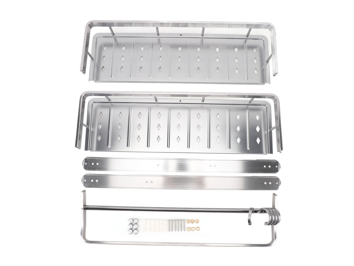 Organizador de ducha de acero inoxidable para montaje en pared con estante y toallero.