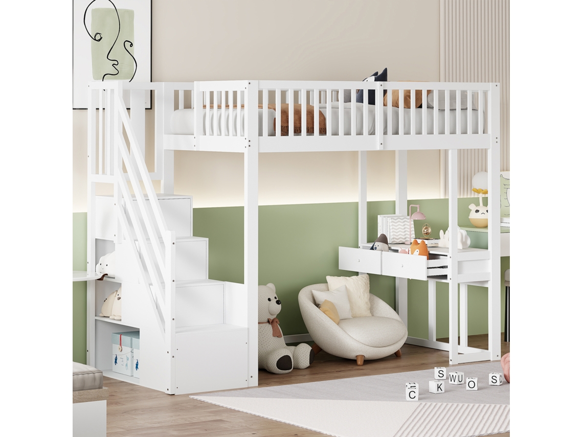 Cama alta de 90 x 200 cm, mesa multifuncional, escalera de almacenaje segura, estructura de madera de pino, muebles blancos