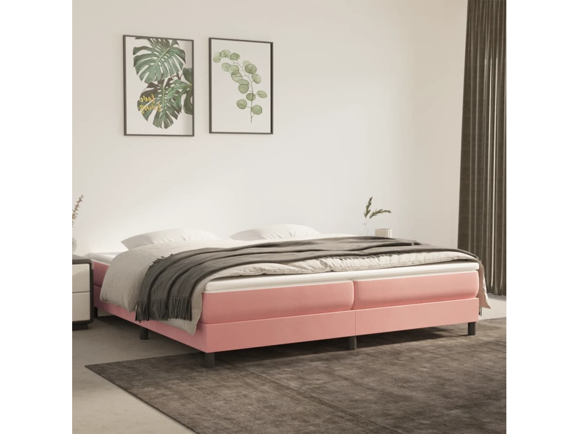 Cama Box Spring Con Colchón Terciopelo Rosa 200x200 Cm