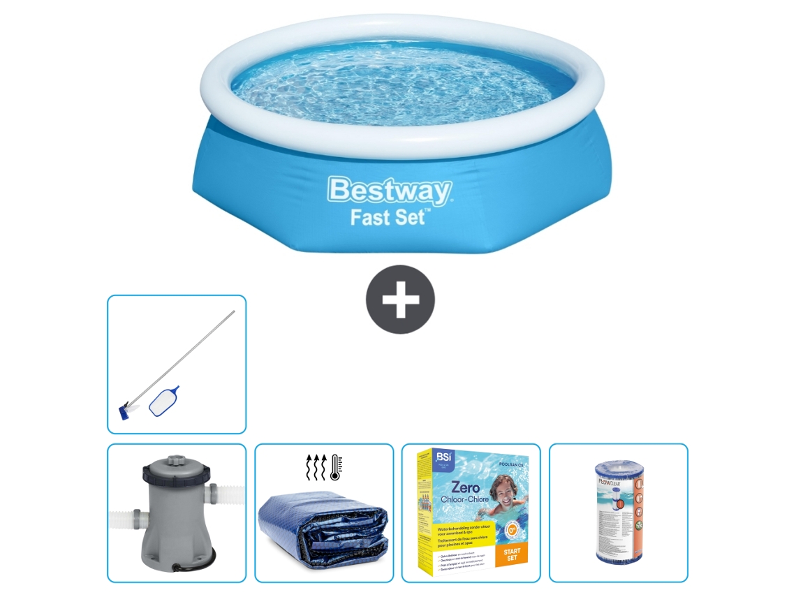 Piscina hinchable redonda Fast Set BESTWAY - 244 x 61 cm - Azul - Bomba incluida Vela solar - Paquete de mantenimiento - Filtrar - kit de limpieza