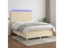 Cama Box Spring Colchón Y Luces Led Tela Crema 140x200 Cm
