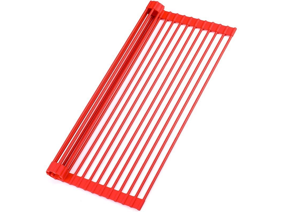 Escurridor De Platos Enrollable Grande De 52 Cm Para Fregadero - Versátil Y Resistente Al Calor - Rojo