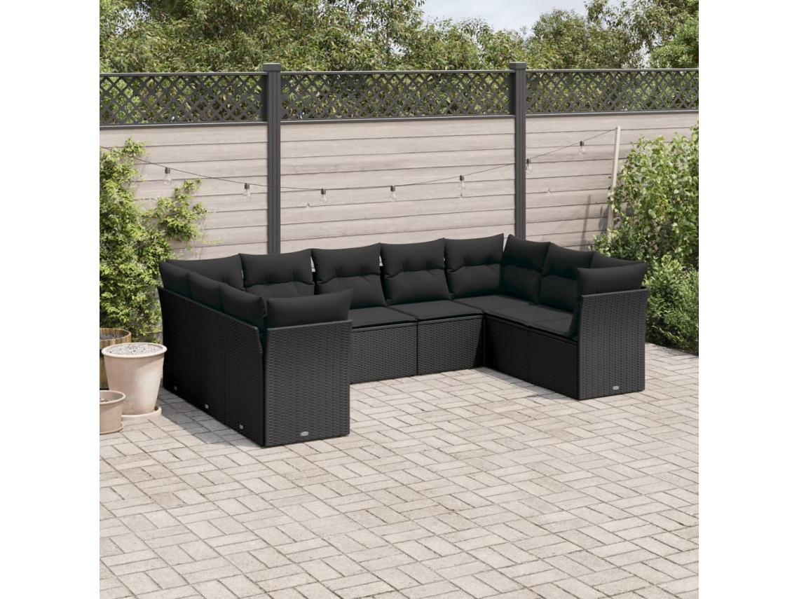 Conjunto de sofá de jardín de 9 piezas con cojines, ratán negro, Dkd Home Decor
