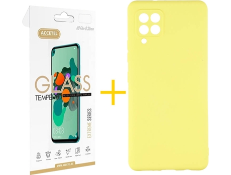 Funda y Protector de Vidrio Samsung Galaxy A42 5G ACCETEL Silicona Líquida Amarillo