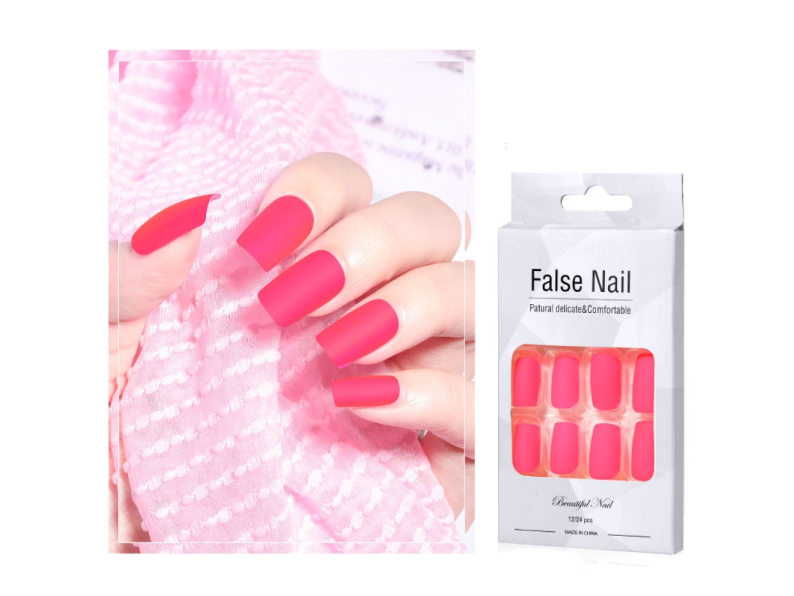 MEOIRUERY Uñas postizas con diseño cuadrado en rosa neón brillante, cobertura total y brillo, 24 piezas de material ABS de alta calidad para un kit reutilizable