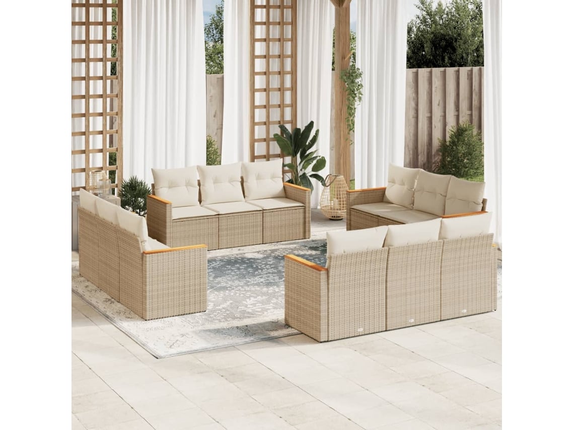 Conjunto de sofá de jardín de 12 piezas con cojines, mimbre sintético beige, Dkd Home Decor