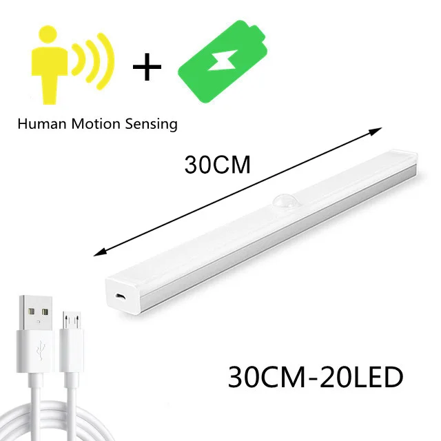 (Luz blanca cálida, 30 cm) Luz nocturna LED inteligente con sensor para dormitorio, ajuste de brillo inalámbrico, recargable a través de USB.