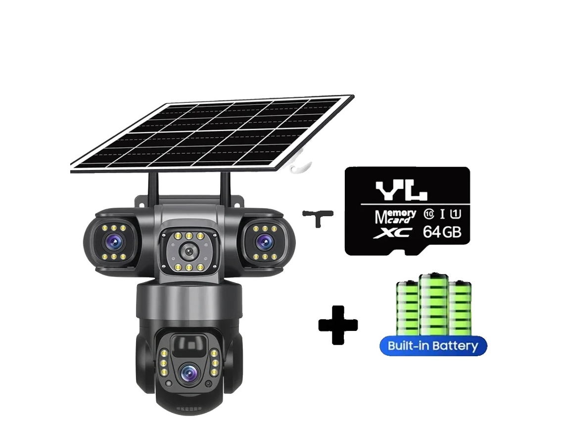 Cámara solar wifi, resolución de 15 MP, visión nocturna, 64 GB de almacenamiento.