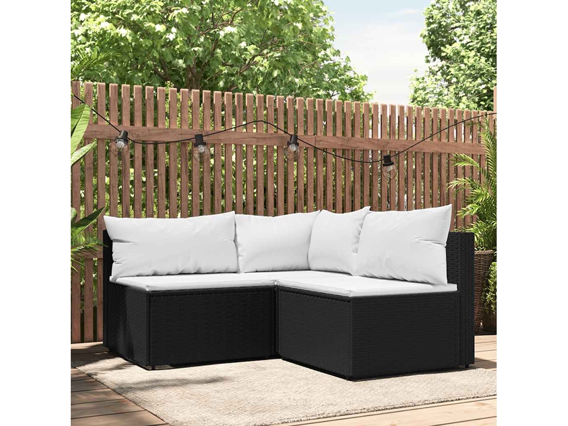 Conjunto de jardín de 3 piezas con cojines, mimbre sintético negro, DKD Home Decor