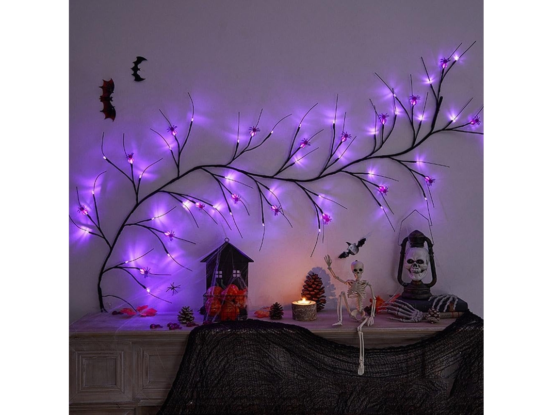Grinalda Videira Halloween 24 Luzes Morcego - Violeta - 1,8m - 48 Led - Pilhas - Halloween, Casa, Festa, Decoração de Parede Interior Exterior