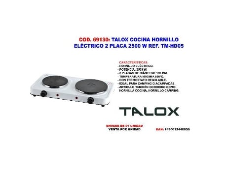 Talox cocina hornillo electrico 2 placa 2.500 w tm-hd05