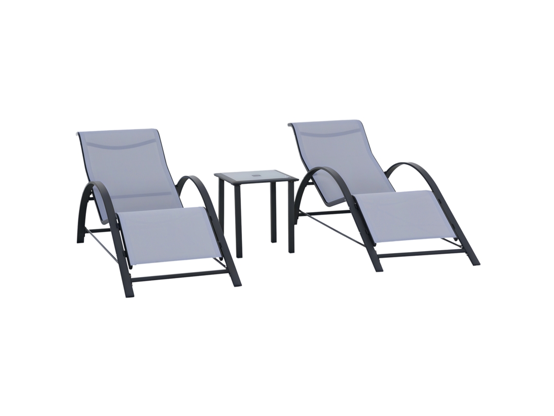 Juego 2 Tumbonas, Mesa Cristal, 59x169x66cm, Gris Claro
