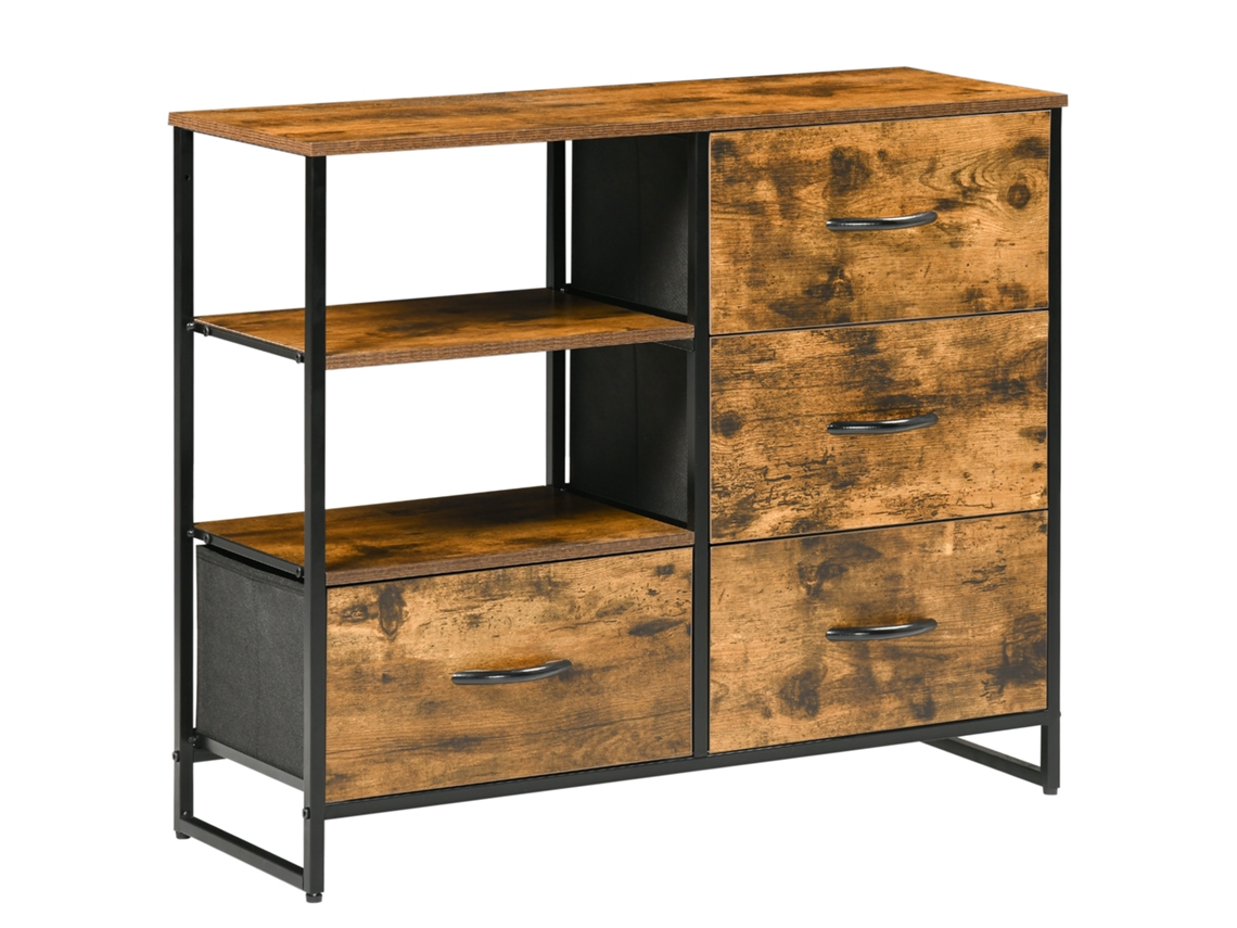 Cómoda con 4 cajones plegables de tela y 2 estantes abiertos, estilo industrial, 84x30x71,4 cm, marrón rústico, ZENCORE SERVICES