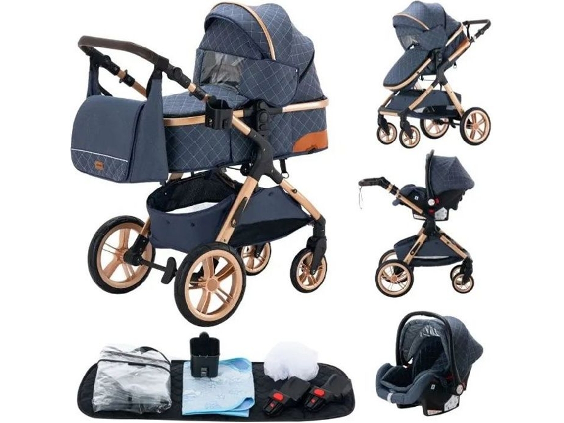 Carrito 3 En 1 Bebé Combinado Asiento De Coche Nacelle Trio Reversible Ajustable Alta Calidad Ruedas Antipinchazos Canne.bleu.bazarland30