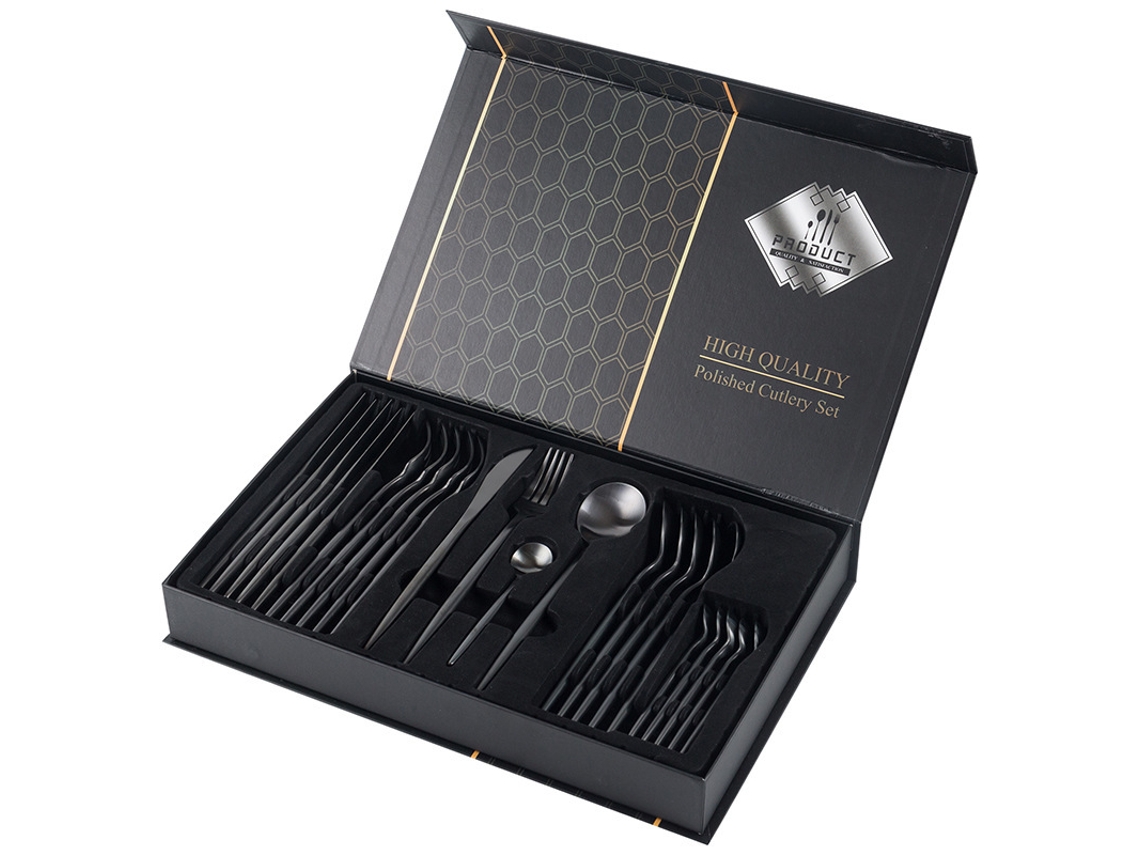 Juego de cubiertos de acero inoxidable MDUG de 24 piezas que incluye cuchillo, tenedor y cuchara (negro)