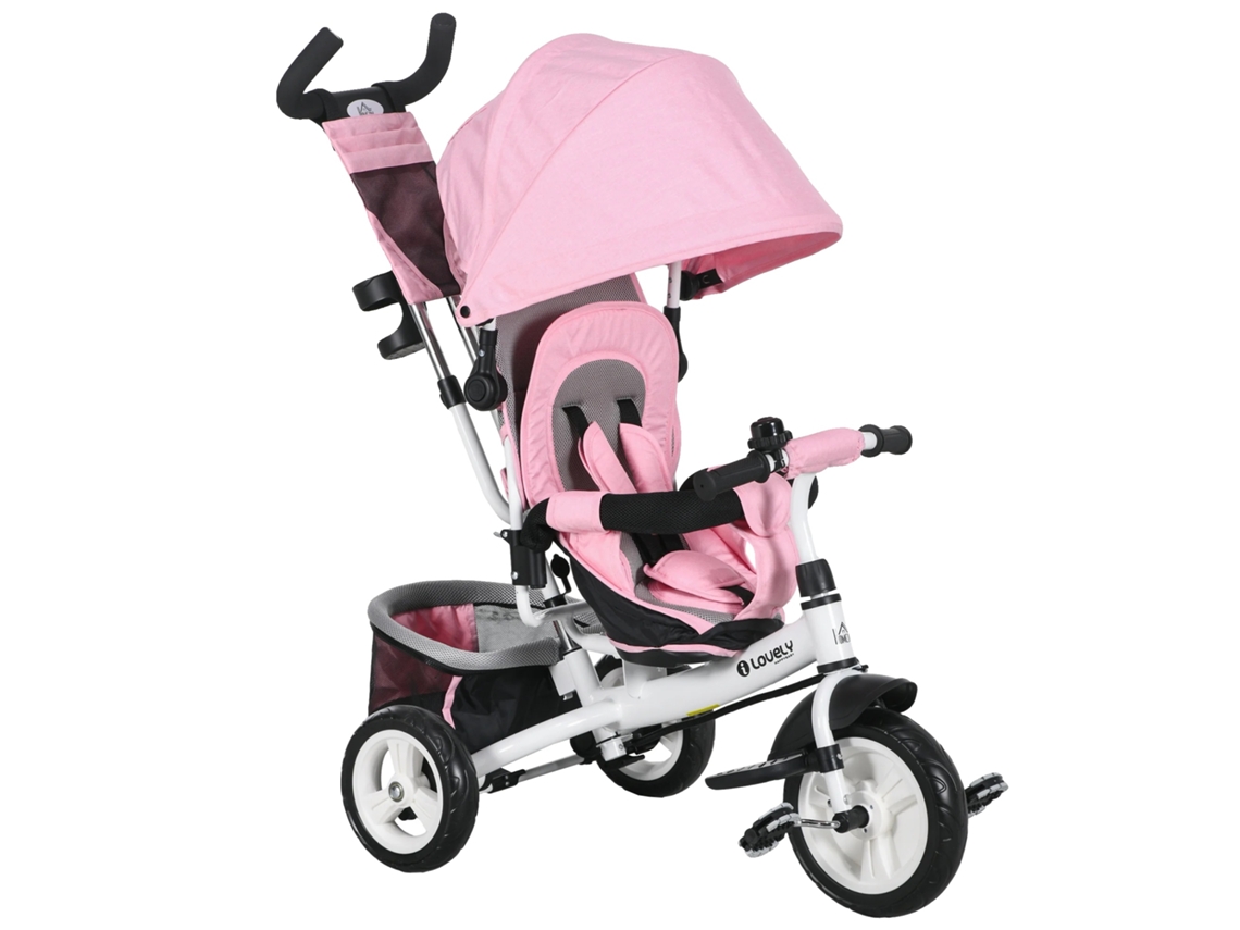Triciclo con manillar telescópico y bolsa de almacenamiento desmontable, color rosa.