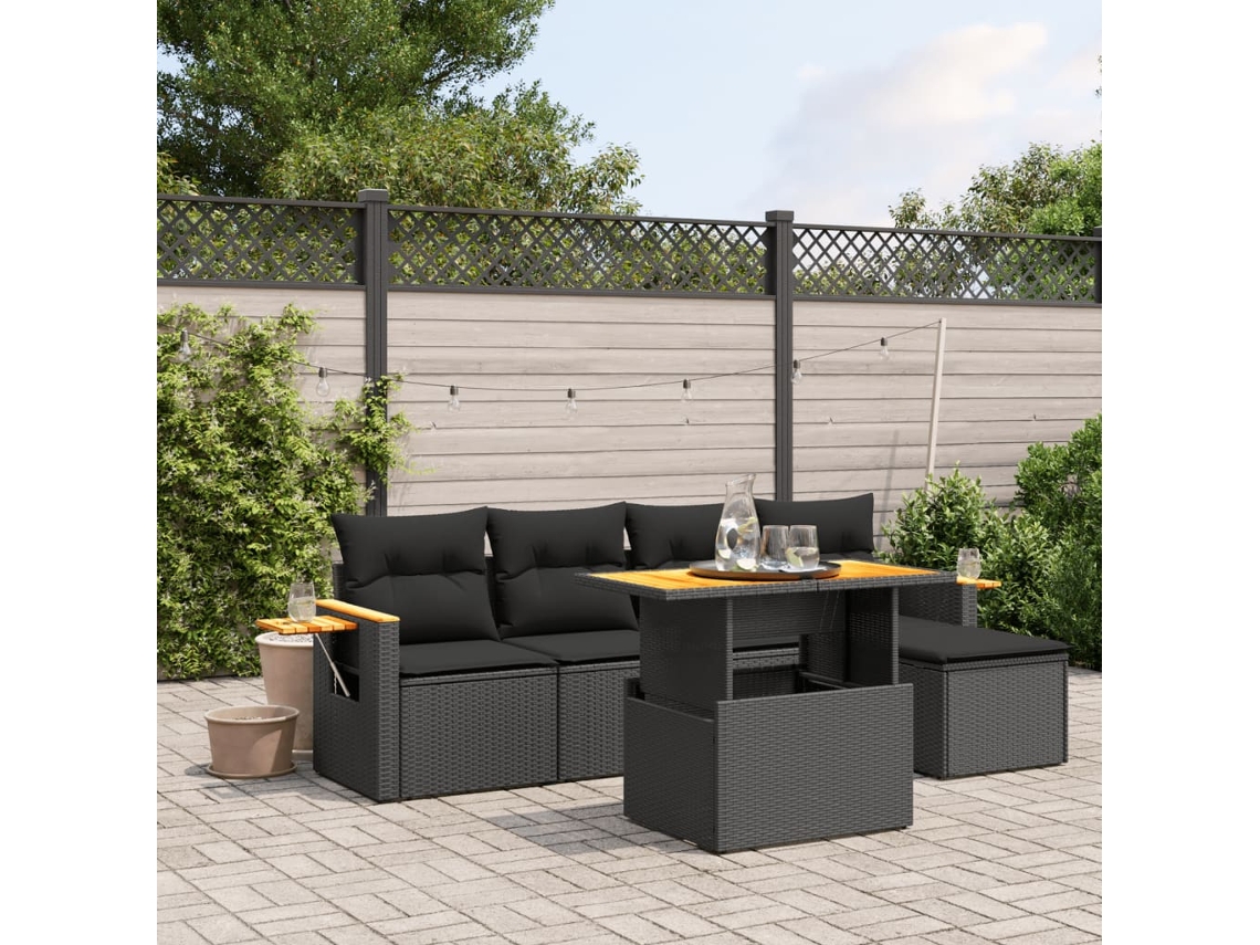 Conjunto de sofá de jardín de 6 piezas con cojines, mimbre sintético negro, DKD Home Decor