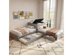 Cama Esquinera 90x200 - Cama Individual Con Nido, Almacenamiento, Cajón Y Armario - Gris