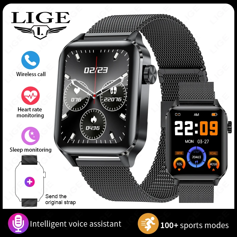 Reloj Inteligente (negro, Correa De Malla), Pantalla De 1,85 Pulgadas, Llamadas Bluetooth, Monitorización De Actividad Física Y Salud.