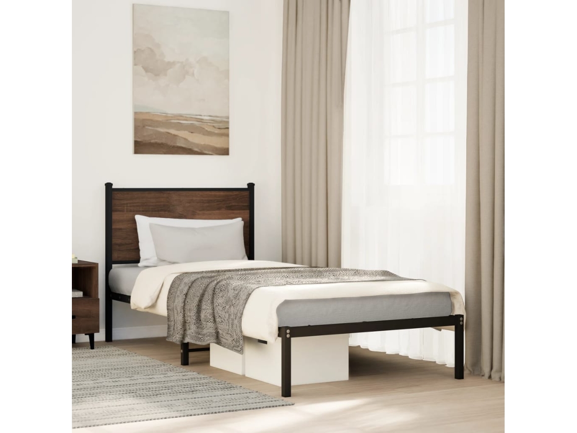 Estructura De Cama Sin Colchón Metal Marrón Roble 75x190 Cm