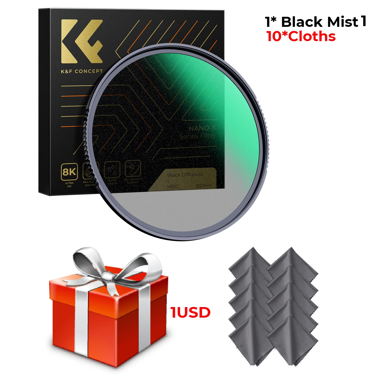 Filtro de efecto de difusión de niebla negra 1/2 y 1/1 para cámara, para grabación de vídeo, con 1 paño negro, 49 mm