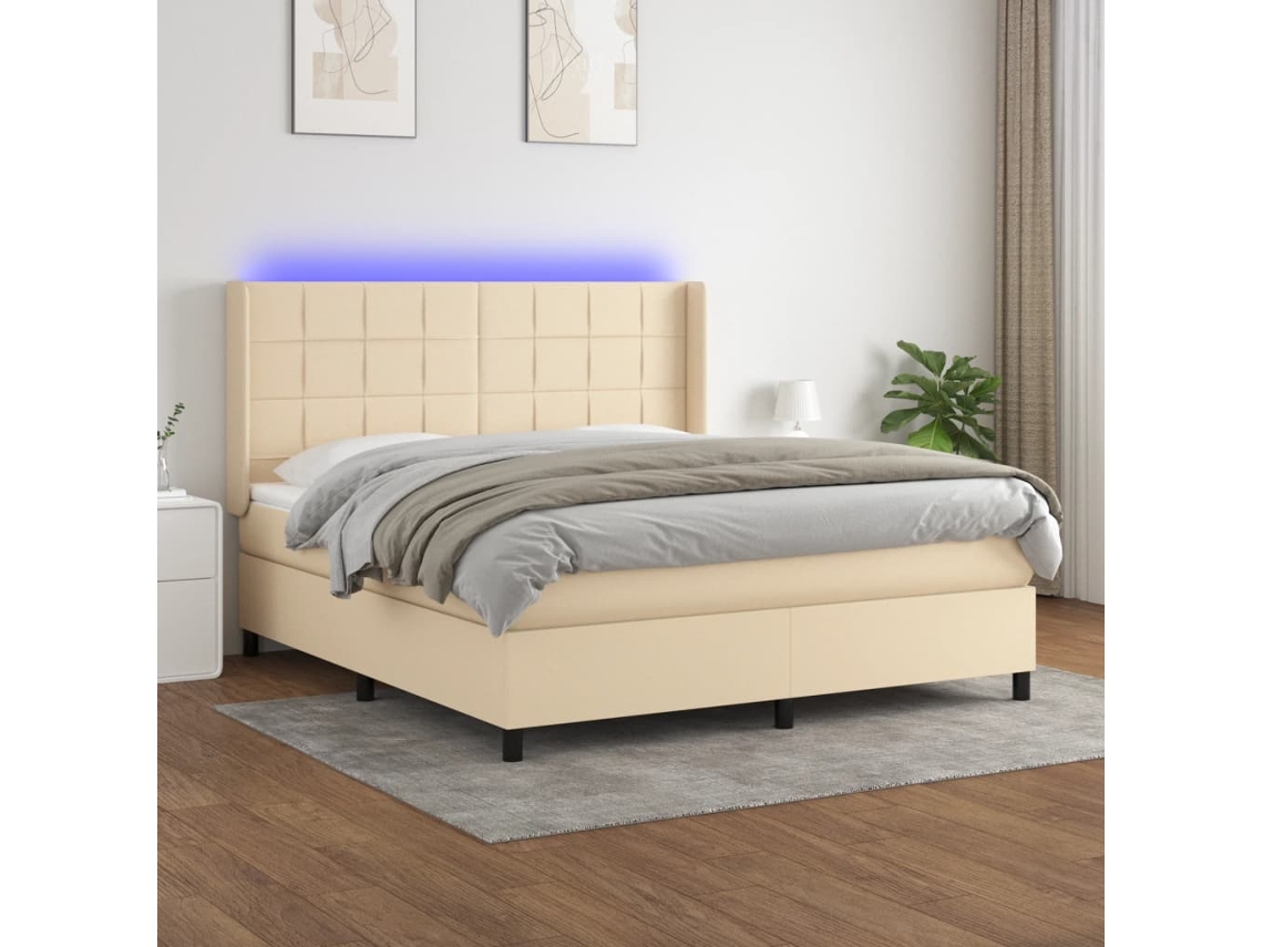 Cama Box Spring Colchón Y Luces Led Tela Crema 160x200 Cm