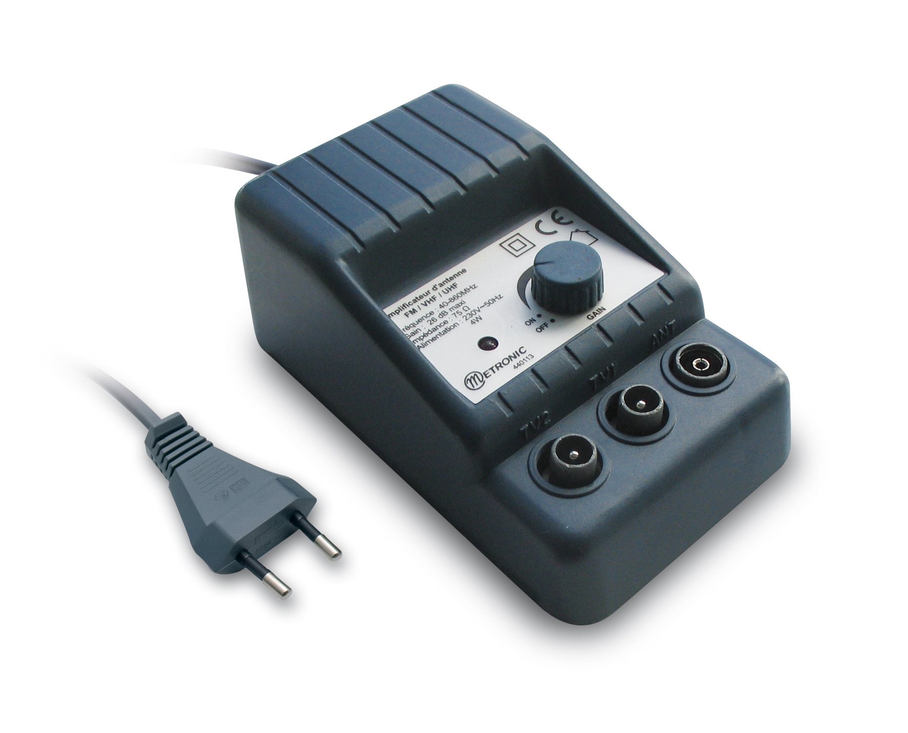 Amplificador De Antena metronic 440113 30 db 2 salidas 9.52mm 1in 1out 20db