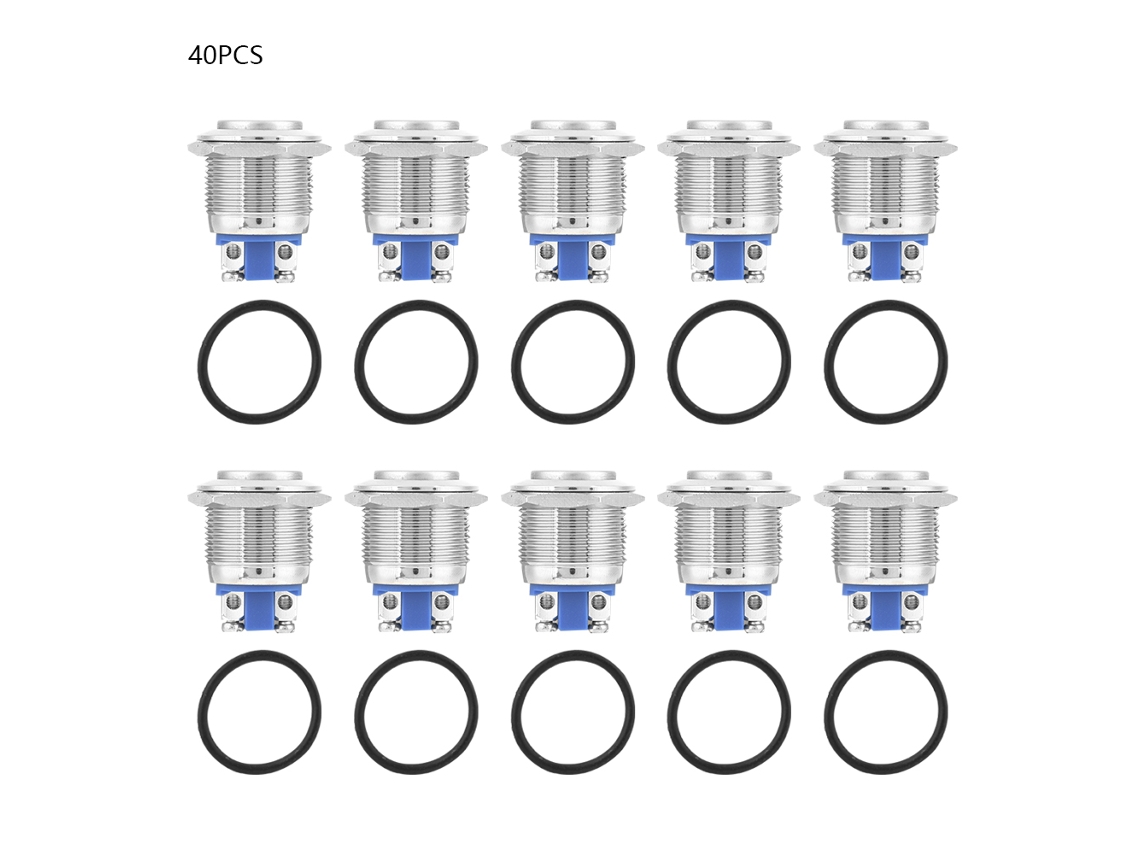 40 pulsadores momentáneos metálicos de 19 mm, resistentes al agua, con recarga automática, cabezal alto y 2 pines.