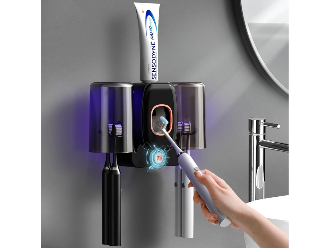 Portacepillos de dientes de pared con dispensador automático y 2 vasos, color negro Aeuzwr