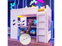 Cama Alta 90x200 Cm - Gaming Con Escritorio, Led, 1 Usb, 1 Tipo C, Con Estante, Blanco
