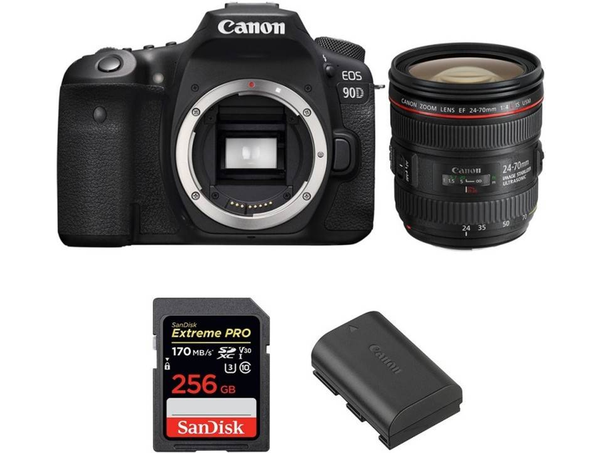 Kit Cámara Réflex CANON EOS 90D + EF 24-70mm f/4L IS USM + SanDisk 256GB + LP-E6N