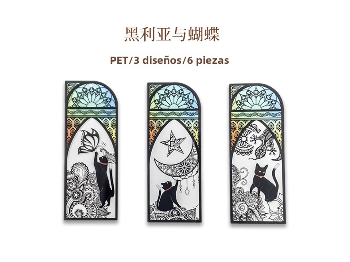 (estilo F) Juego De 6 Marcapáginas De Gato Negro, Pvc Mate, Papelería Vintage