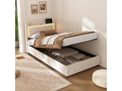Cama Individual, 90x200 Cm, Tapizada Con Iluminación Led, Función De Carga Usb Tipo C Y Almacenaje, Terciopelo Beige.