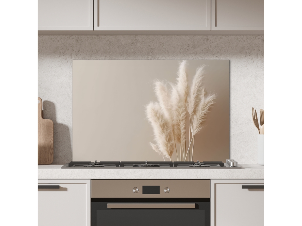 Panel Antisalpicaduras Cocina Hierba De La Pampa - Plumas - Pastel - Blanco 80x55 Cm