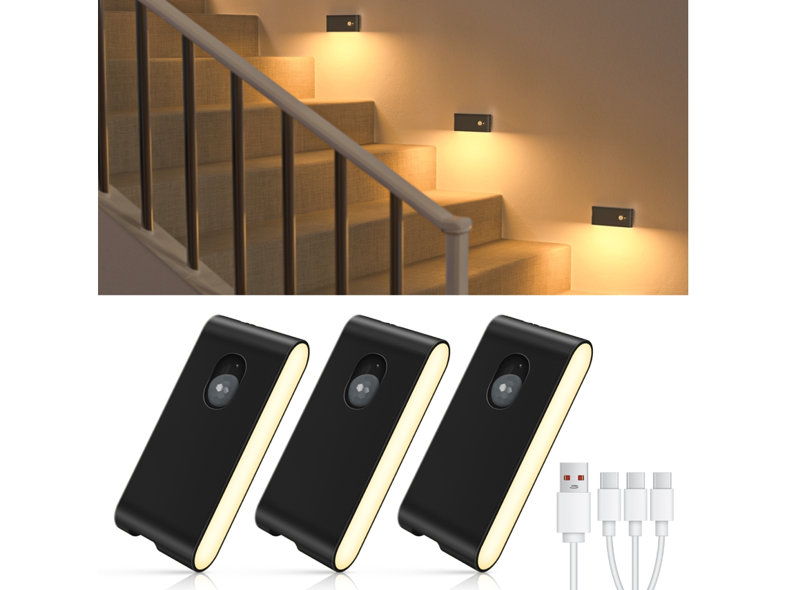 (negro, Juego De 3 Piezas) Luz Nocturna Recargable Con Sensor De Movimiento, Luz Interior Blanca Cálida