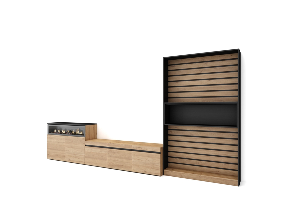 Muebles de Salón para TV 360x186x35cm Para TV hasta 65 Chimenea eléctrica Roble y negro